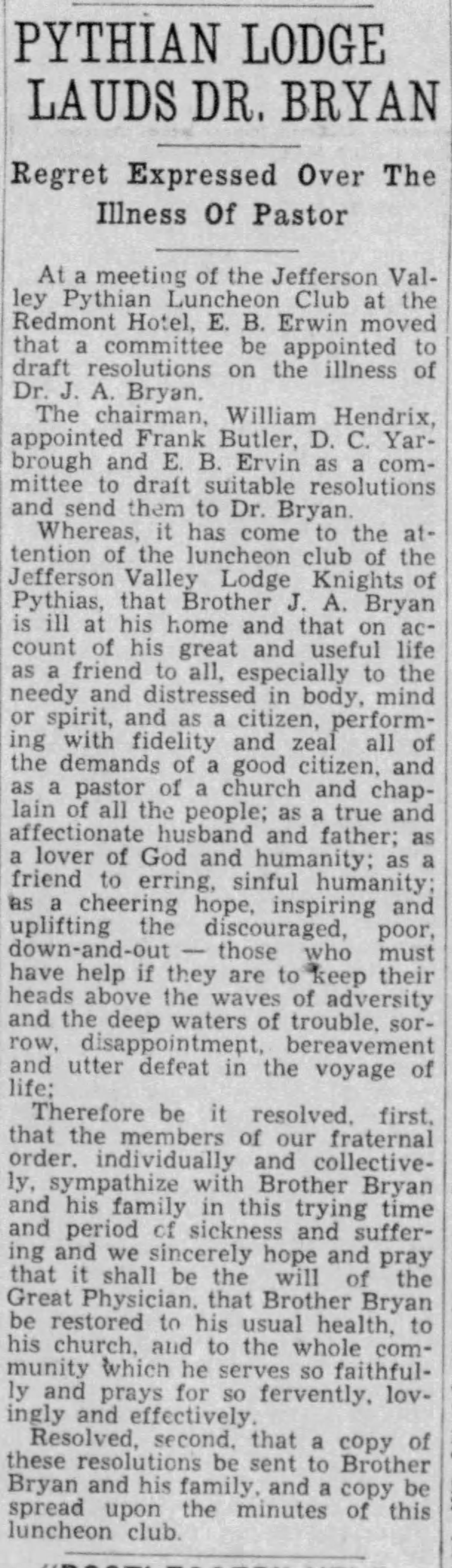 Pythian Lodge Lauds Bryan